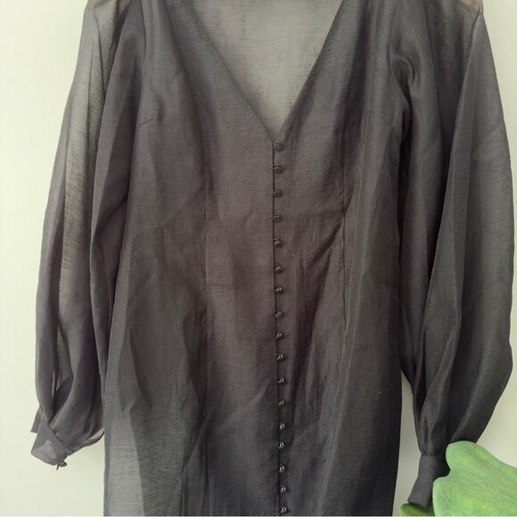 Good American Sheer Tulle Crepe Dress Overlay Button Down Puff Long Sleeve Black - Picture 3 of 12